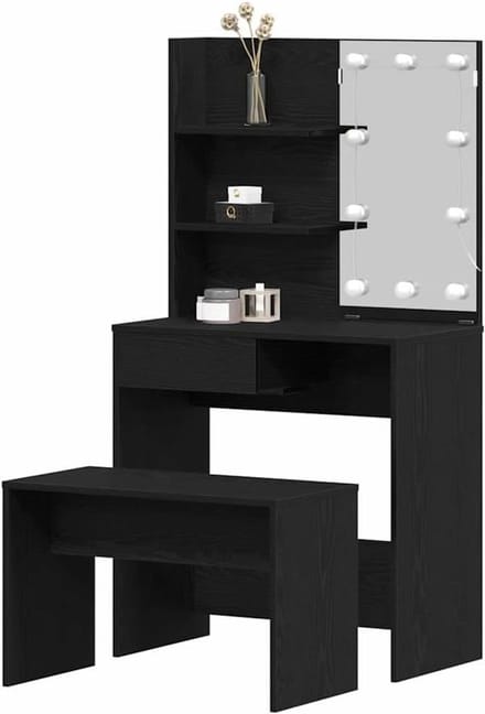 Kaptafel Set - Make-up Tafel - Schoonheidsroutine - Geïntegreerde LED spiegel - 74.5 x 40 x 141 cm - Zwart Eiken