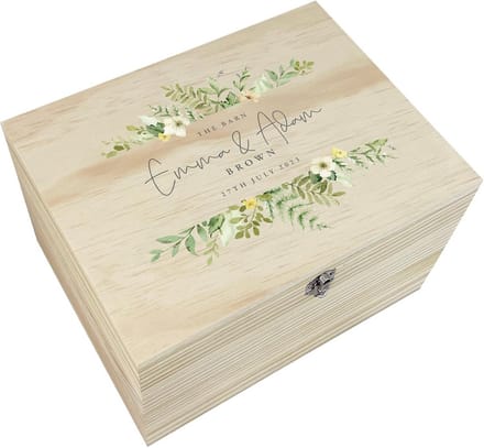 Gepersonaliseerde Houten Herinneringsdoos Bruiloft met Bloemendecoratie