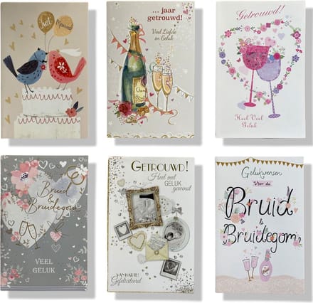 6 luxe wenskaarten - ... jaar getrouwd - Verloofd - Huwelijk - 12 x 17 cm - Met Envelop