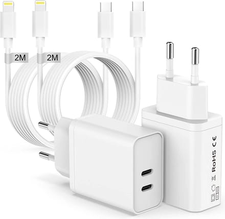 Dubbele usb C Oplader + Oplaadkabel geschikt voor iPhone - 2 Meter - Lightning naar usb-C - 35w Snellader - Dubbele usb C Stekker - Oplader geschikt voor iPad 2017 t/m 2021 - Usb C Adapter