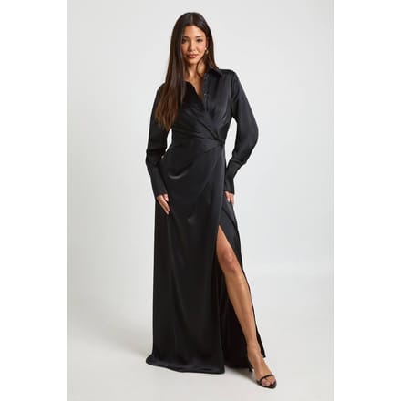 boohoo Dames Satijnen Drape Taille Lange Mouw Maxi Blousejurk | Zwart | Maat: 36