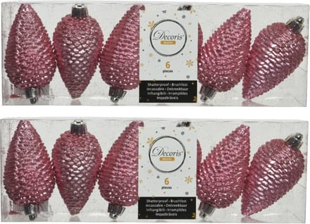 Decoris Kersthangers dennenappels - 12x - lippenstift roze - glitter - 8 cm - kunststof