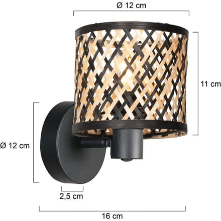 Wandlamp Sumba 4487ZW - zwart metaal en bamboe cilinder kap - trendy design - Mexlite