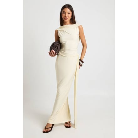 boohoo Dames Slinky Maxi Rok Met Mesh Drapering | Cream | Maat: 8