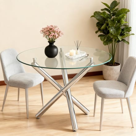 MODFU Ronde Eettafel - Gehard Glas - Kruispoot - Minimalistisch - Metaal - Zilver - 80 X 80 X 76 Cm