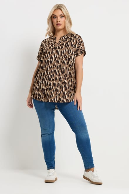 Yours Bruine Getextureerde Top Met Luipaardprint En Inkeping In De Hals Size 48