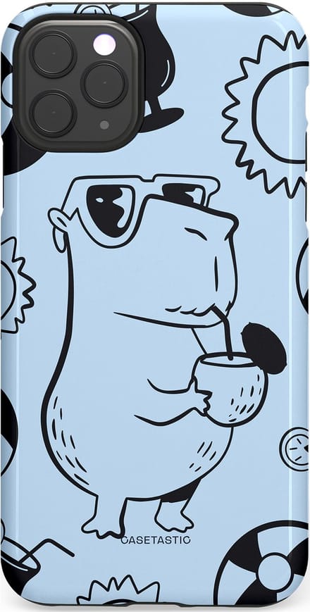 Casetastic hoesje geschikt voor Apple iPhone 11 Pro Max - Dubbellaagse bescherming - Capibara cocktail - Fashion Case - Lichtgrijs Zwart Lichtblauw