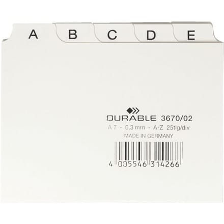 DURABLE tabkaarten, A7, letters A-Z, kunststof, wit