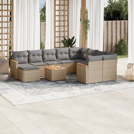 vidaXL - 11-delige - Tuinset - met - kussens - poly - rattan - beige