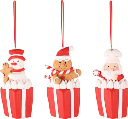 Dekoratief | Hanger sneeuwman/santa/cookie, rood/wit, klei, 6x2x10cm, set van 3 stuks | A235058