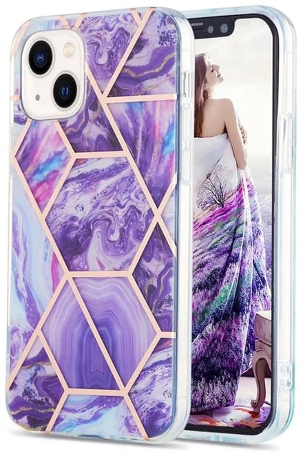 Cityhoesje - iPhone 15 Plus-14 Plus - Splicing Marble Pattern Electroplated - Back Cover - Paars