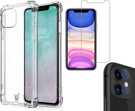 Hoesje geschikt voor iPhone 11 - Screenprotector GlassGuard & Camera Lens Screen Protector - Back Cover Case ShockGuard Transparant