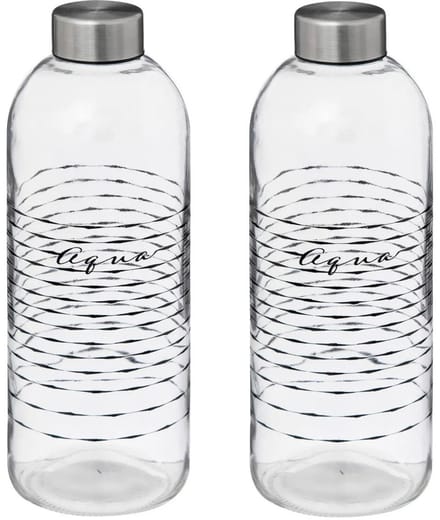 5Five Glazen waterfles - 2x - drinkfles - sportfles - helder transparant - met RVS dop - 1000 ml