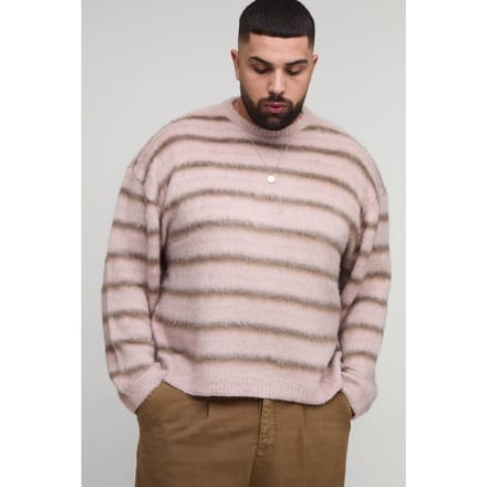 Plus oversized boxy geborstelde ombré streep gebreide trui | Pink | Size 2XL