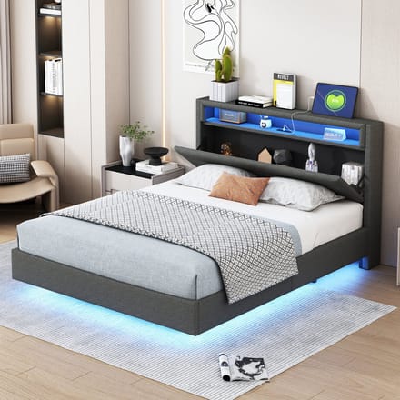 MODFU Gestoffeerd Bed 140x200 cm – Linnen grijs met omklapbaar hoofdeinde – Multicolor LED & USB – Modern