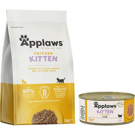 Applaws Gemengd Probeerpakket: Droog- & Natvoer in Voordeelset - 2 kg Kitten droogvoer + 6 x 156 g Kippenborst & Kaas
