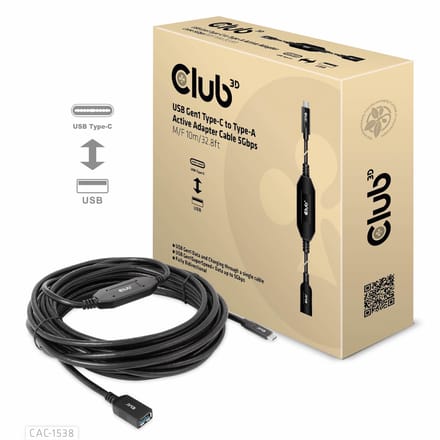Club 3D Actieve USB-C®-naar-A-adapterkabel 5 Gbps (mannelijk/vrouwelijk) 10 m/32,8 ft