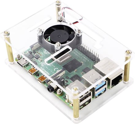 Renkforce RBP-PLC100 SBC-behuizing Geschikt voor serie: Raspberry Pi®, Banana Pi, Rock Pi Incl. actieve koeler Transparant