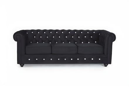 Vente-unique Driezitsbank CHESTERFIELD - velours - zwart met kristallen knopen