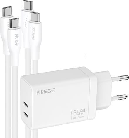 Phreeze usb C adapter 65 W voor laptop en tablet - GaN Power Delivery oplader met 2 usb C kabels 1m