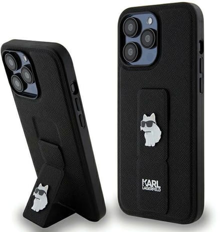 Karl Lagerfeld Gripstand Saffiano Choupette Pins case for iPhone 13 Pro Max - black
