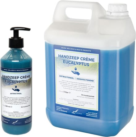 Handzeep Crème Eucalyptus 500 ml met gratis pomp - hervulbaar + Jerrycan 5 liter navulling