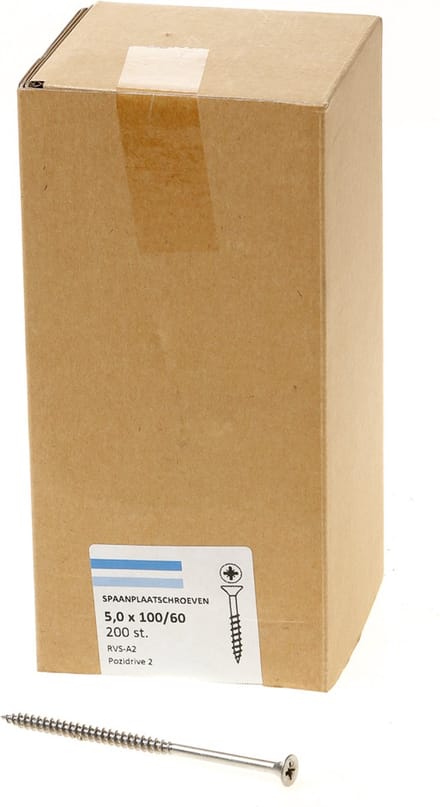 Hoenderdaal Spaanplaatschroef RVS platverzonken kop PZ2 deeldraad 5.0X100/60 (per 200 stuks)
