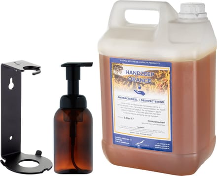 Zeepdispenser 300 ml amber bruin hervulbaar + 5 liter Handzeep Orange navulling (inclusief beugel)