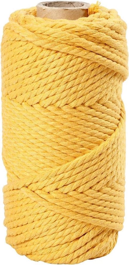 Macramé koord, L: 55 m, d 4 mm, geel, 1x330gr/ 1 rol