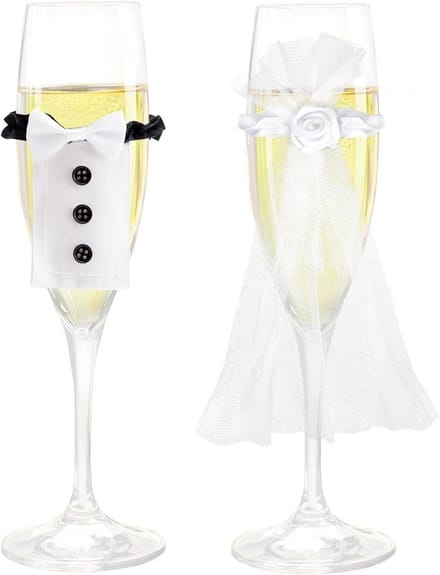 Bruidspaar Glasdecoratie - Champagne Glas Sets - Bruiloft Versiering - Handgemaakt Uniek Design - 18 en 6 cm - Wit