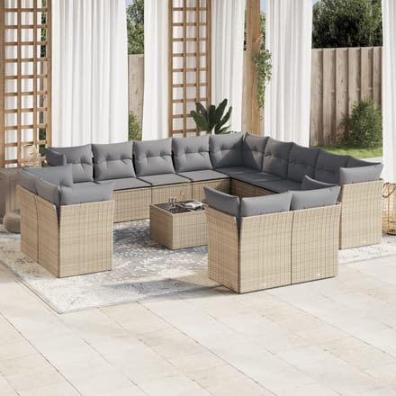 vidaXL - 14-delige - Loungeset - met - kussens - poly - rattan - beige