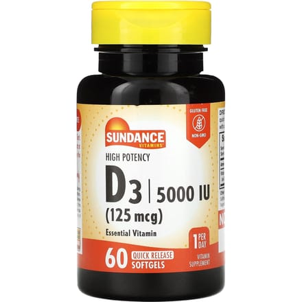 Vitamines Sundance, vitamine D3 à haute concentration, 125 mcg (5 000 UI), 60 capsules molles à libération rapide