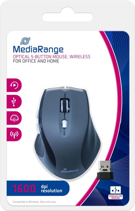 MediaRange Draadloos Optical Mouse. Zwart/grijs - Muis - Optisch - 5 knoppen - Grijs