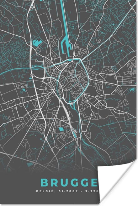 Poster Stadskaart – Grijs - Kaart – Brugge – België – Plattegrond - 60x90 cm