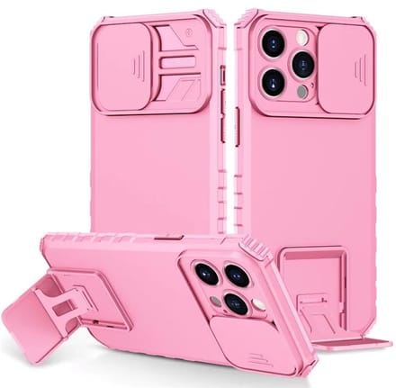 Cityhoesje - iPhone 15 Pro Max- Slide Camera Lid – BackCover - Anti-drop Kickstand - Roze