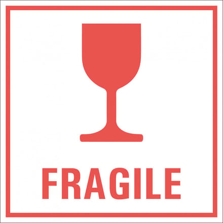 Fragile sticker met tekst, oranje wit 100 x 100 mm