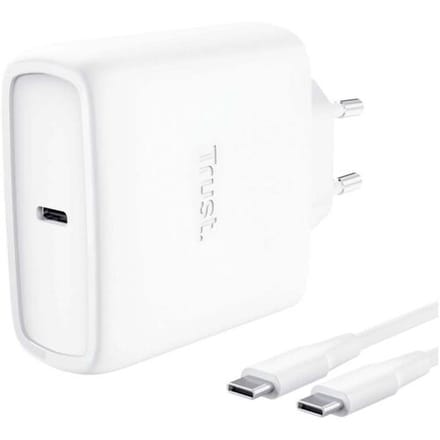 Trust Maxo GaN - 65W USB-C Oplader - Ook voor 45W Laptops - Snellader voor smartphone, tablet en laptop - 2m Kabel - Wit