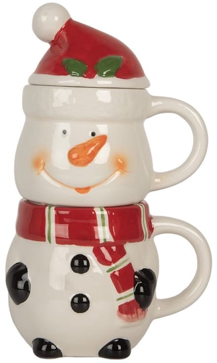 Mok met deksel Wit Rood Sneeuwpop Keramiek 13x9x22 cm / 300 ml / 375 ml