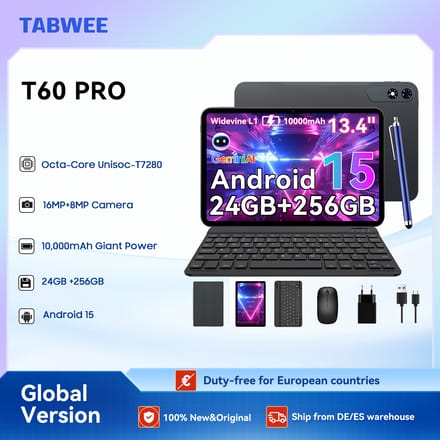 TABWEE T60Pro-tablet 13,4 inch, Android 16, 120 Hz, 2K FHD+, 5G, wifi, octa-core, 24 GB (8+16) RAM + 256 GB ROM, 10.000 mAh, 18 W snelladen, 8 MP + 16