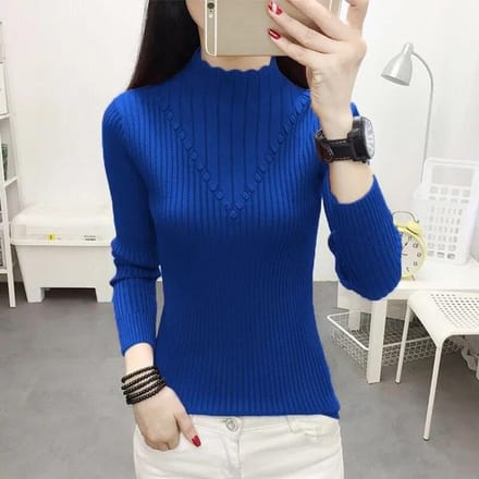 Pull col roulé mi-long pour femme, pull tricoté fin, basique, couleur unie, décontracté, automne et hiver M bleu