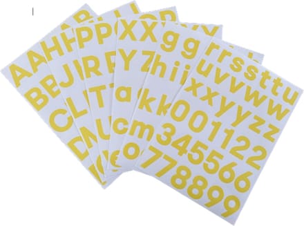 plakletters geel | alfabet stickers | met cijfers | hoogte 4 cm