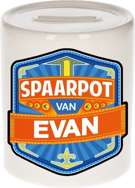 Bellatio Decorations Kinder spaarpot met naam - Evan - keramiek - met dop - wit - Sparen - Spaargeld van Evan
