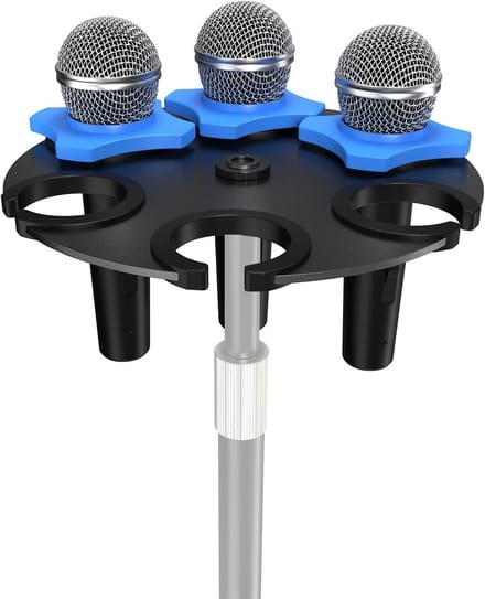 Multi-microfoonhouder met 6 slots voor microfoonstandaard, stevige basis en anti-roll ringen, geschikt voor diverse schroefdiktes