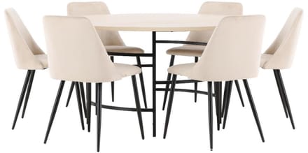 Copenhagen eethoek tafel Ø140cm en 6 stoelen whitewash, beige.