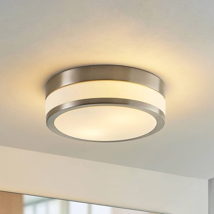 Lindby - Plafondlamp badkamer - 2lichts - Glas, metaal - H: 9 cm - E27 - opaalwit, mat nikkel