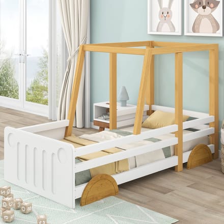 Autobed Kinderbed 90x200 cm MDF met wielen Sparrenhouten frame wit + natuur