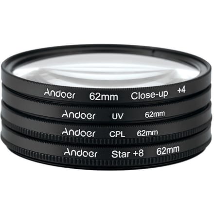 Andoer 62mm UV + CPL + gros plan + 4 + étoile Kit de filtre circulaire à 8 points filtre polarisant circulaire 62 mm black