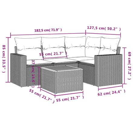 vidaXL - 5-delige - Loungeset - met - kussens - poly - rattan - beige