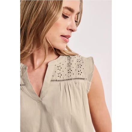 Blousetop met gespleten hals en shiffley-details