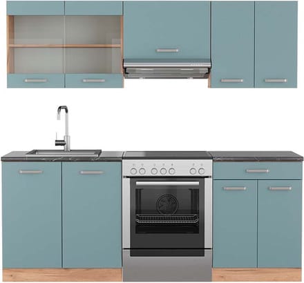 Vicco R-Line Complete keukeneenheid – 200 cm, WB Antraciet Blauw-grijs/gouden eik